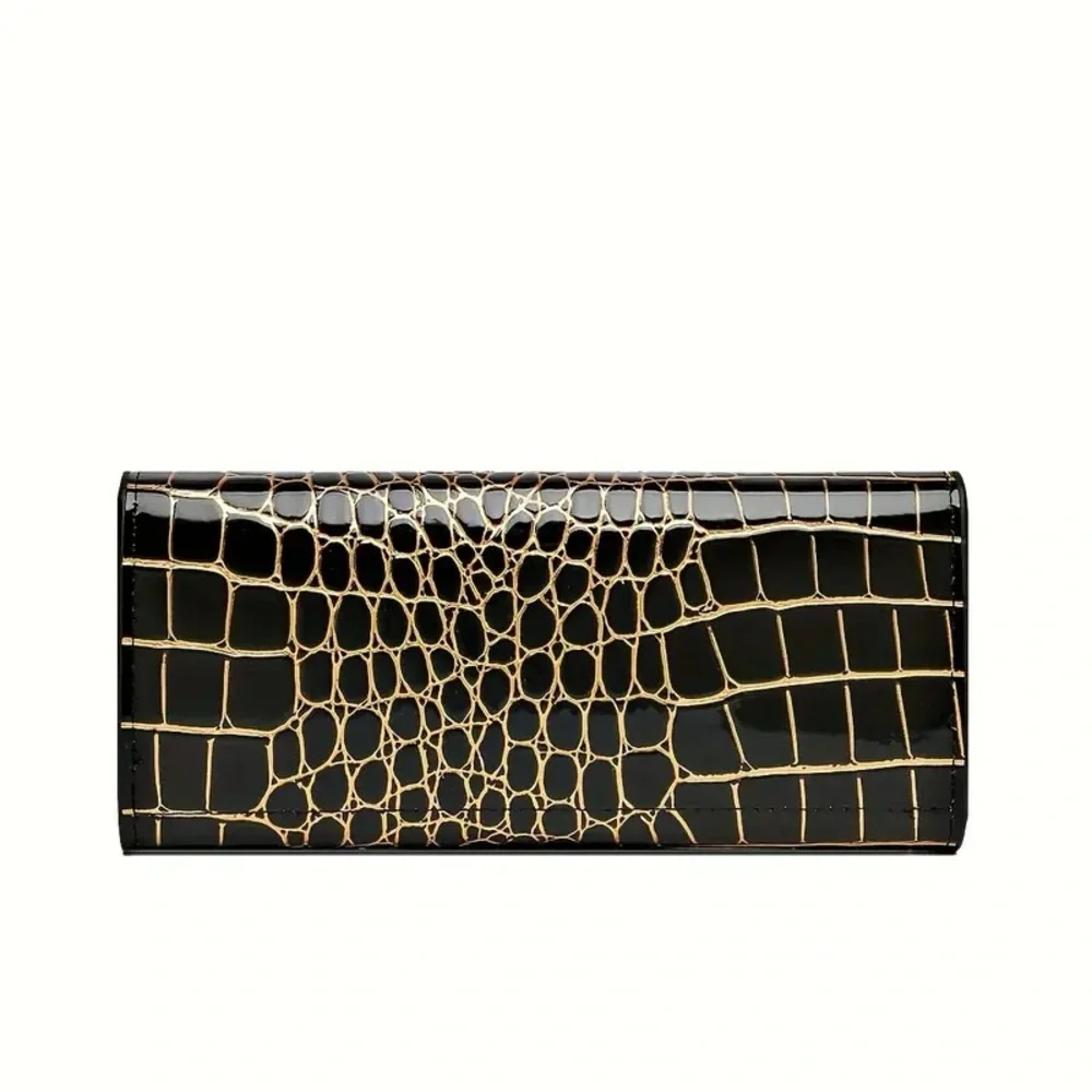 Vintage Alligator-Textured Wallet – Black Glossy Clutch for Women with Gold Swan - Picture 3 of 7